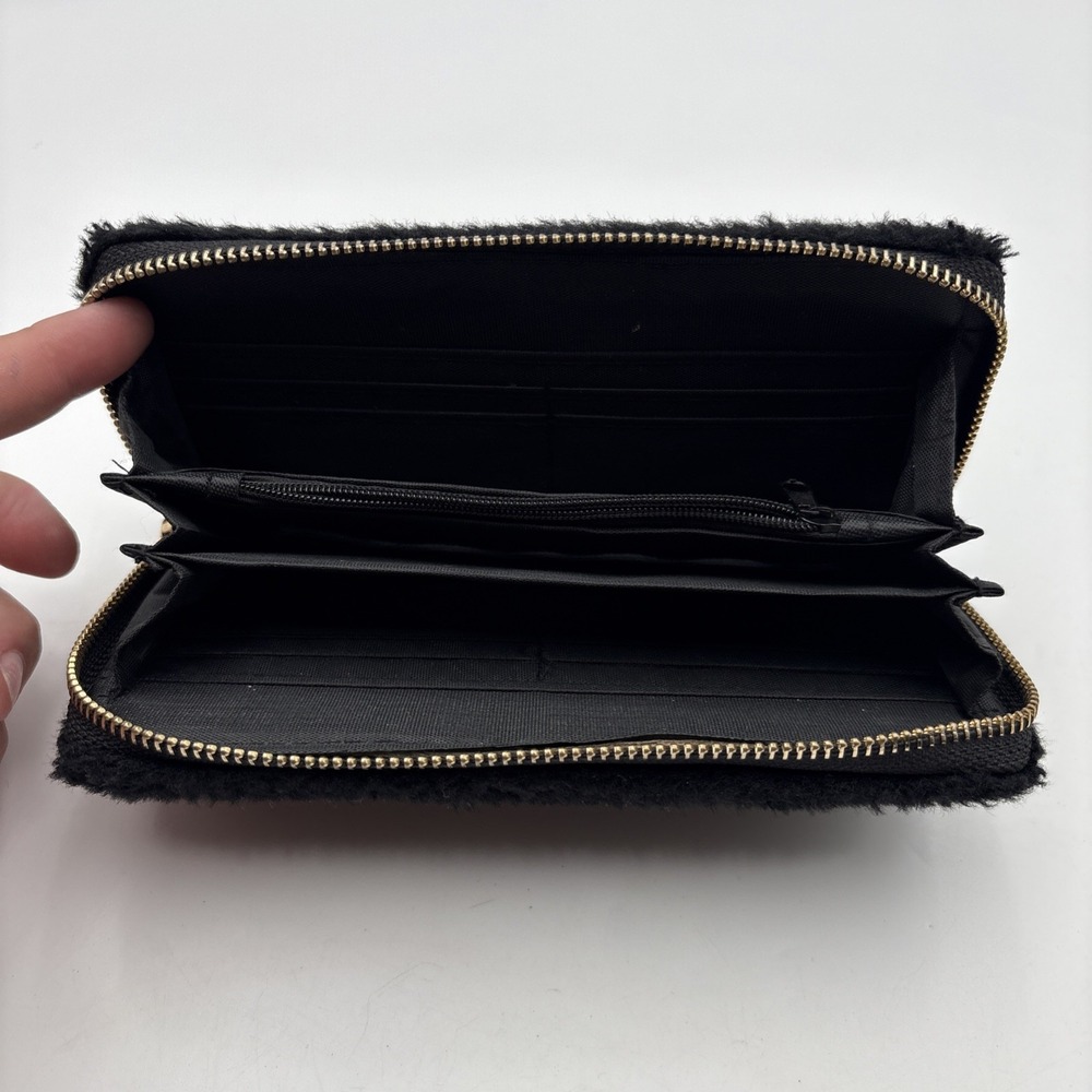 Icing Black Sherpa Teddy Bear Wristlet Wallet Purse Gold Zip Around